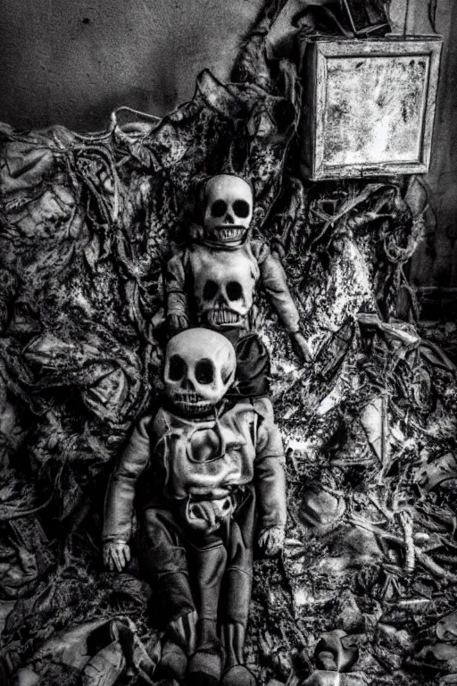 Image similar to a photograph of a haunted creepy doll photographs in a desolate nuclear apocalypse, ectoplasm, very creepy, skull, bones, possessed, atmospheric, dark derelict environment, highly detailed, epic scene