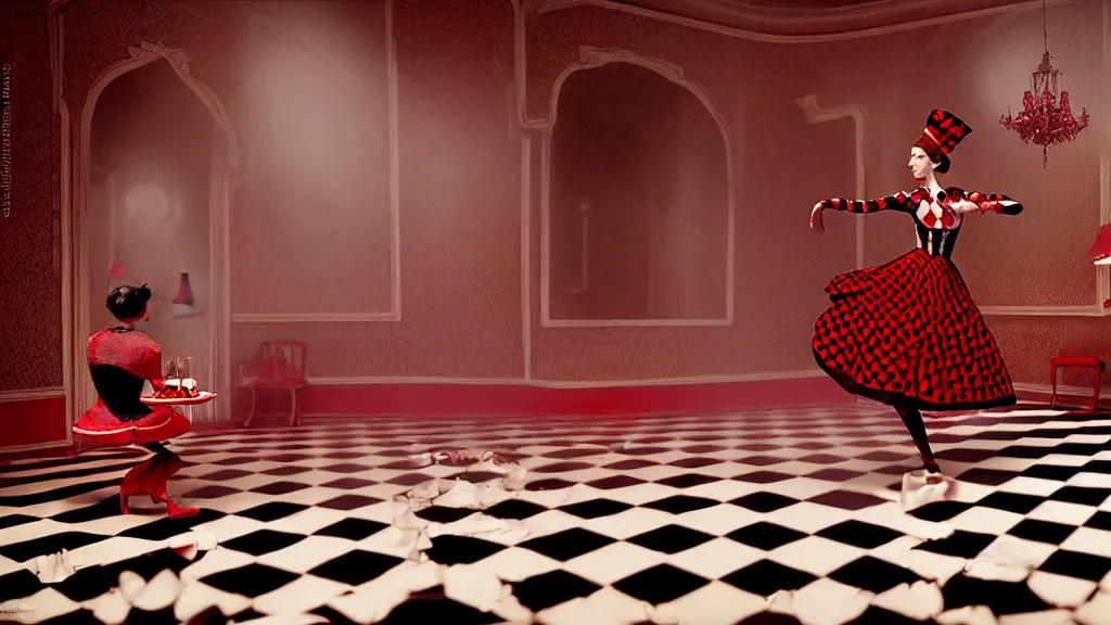 Image similar to a harlequin dances in a checkered red and black tea room inspired by Alice in wonderland, film still from the movie directed by Denis Villeneuve with art direction by Zdzisław Beksiński, wide lens