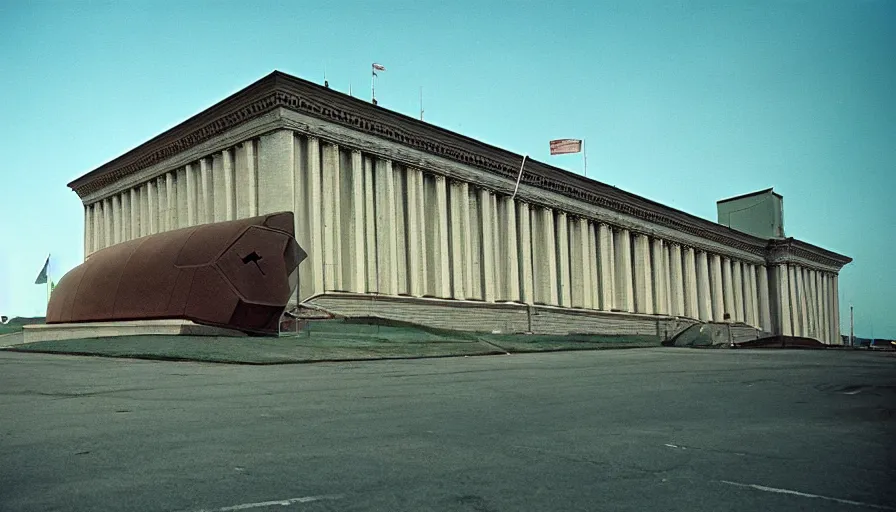 Image similar to 60s movie still of a sovietic museum stalinist style, cinestill 800t 10mm eastmancolor, liminal Space style, heavy grain, heavy artefact, high quality, high details, panoramic