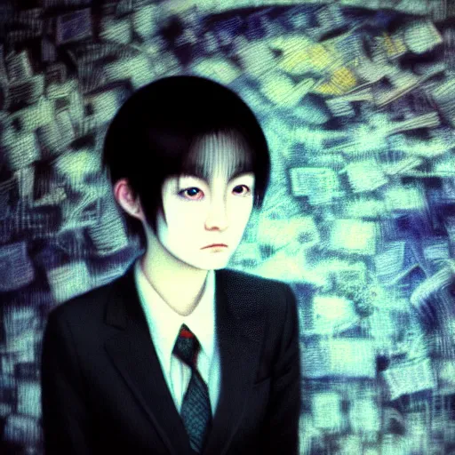 Image similar to yoshitaka amano blurred and dreamy realistic three quarter angle portrait of a young woman with short hair and black eyes wearing office suit with tie, junji ito abstract patterns in the background, satoshi kon anime, noisy film grain effect, highly detailed, renaissance oil painting, weird portrait angle, blurred lost edges