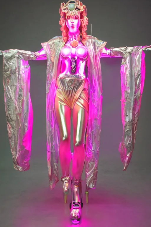 Image similar to full-body baroque and bladerunner style pink neon and chrome statue of a beautiful pale priestess robot goddess humanoid wearing a see-through silk kimono, glowing peach face, street hoody of red steampunk lasers, emeralds, swirling silver silk fabric. futuristic elements. oozing glowing liquid, full-length view. space robots. human skulls. throne made of bones, intricate artwork by caravaggio. Trending on artstation, octane render, cinematic lighting from the right, hyper realism, octane render, 8k, depth of field, 3D