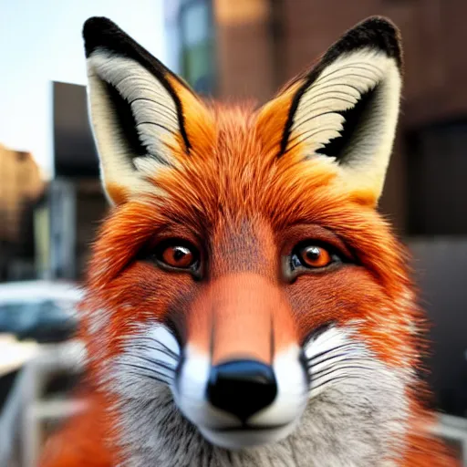 Image similar to portrait of a fox fursuiter posing for the camera at a furry convention, outdoors in the city, realisitc photo