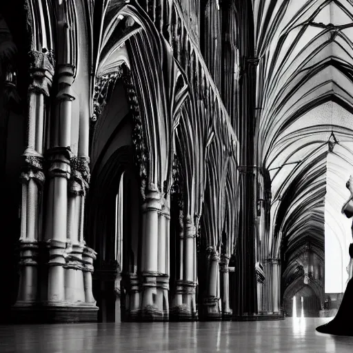 Image similar to black and white movie shot, landcape, architectural shot, no decaying lines, background of an alabaster gothic cathedral, with long ephimeral windows with reflection of flames, as subject a gothic woman with an intricate arabesque detailed black dressed, macro head face