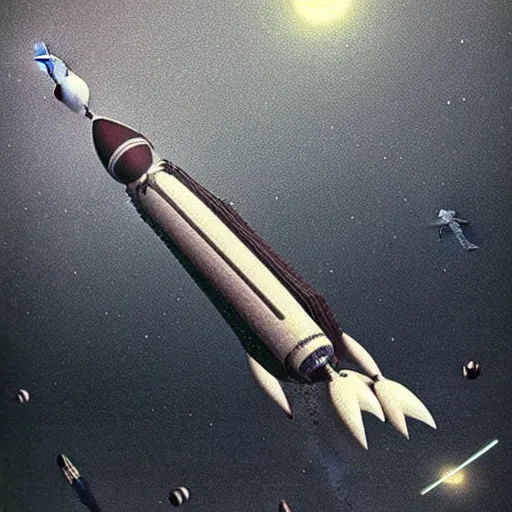 Prompt: an octane 3 d render of a rocket flying though space being chased by aliens in the style of h. r. giger, 1 9 7 3 photo from life magazine, smooth, ultra detailed,