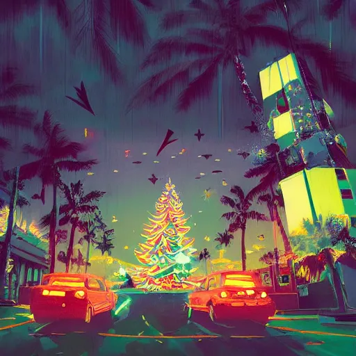 Image similar to christmas in hawaii by james gilleard and liam wong and jeremy mann, extra wide angle