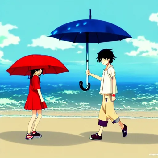 Image similar to anime girl and boy walking together on the Beach, Rain, umbrella, by makoto shinkai, Studio Ghibli, anime wallpaper, illustration, 4k Wallpaper, flat colors