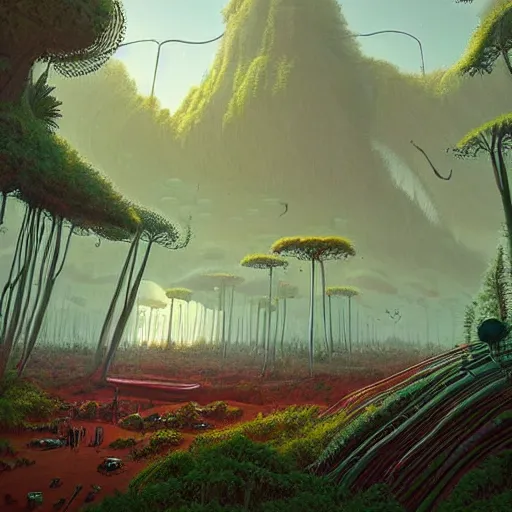 Image similar to digital artwork of a lush natural scene on an alien planet by simon stalenhag. extremely detailed. science fiction. interesting color scheme. beautiful landscape. weird vegetation. cliffs and water.