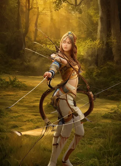 Image similar to Beautiful art portrait of a female fantasy archer at a temple surrounded by lush spring golden forest, atmospheric lighting, intricate detail, cgsociety, hyperrealistic, octane render, RPG portrait, ambient light, dynamic lighting