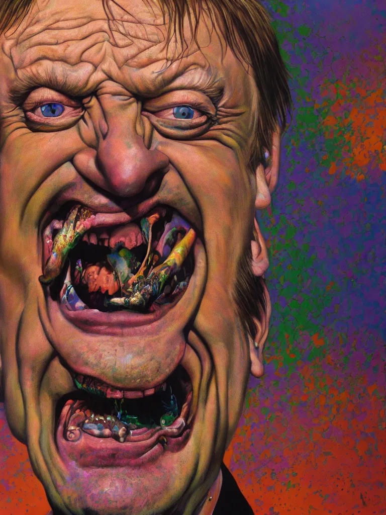 Prompt: hyper realistic painting, head of mark e smith from the fall laughing maniacally, outer glow, by chuck close, lisa frank, simon bisley, and richard corben, very intense, depth of field, depth perception, hyperdetailed, rich deep vivid colours, sharp focus, directional lighting