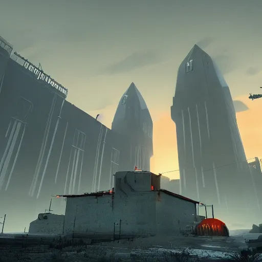Image similar to the citadel from half - life by simon stalenhag, 4 k, hdr, tonemapping, videogame screenshot, black mesa, detailed, atmospheric, majestical lighting