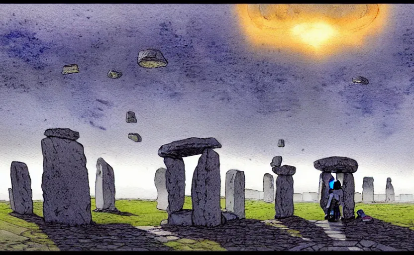 Image similar to a hyperrealist watercolour character concept art portrait of small grey medieval monks levitating stones in the air in front of a complete stonehenge monument on a misty night. a ufo is in the sky. by rebecca guay, michael kaluta, charles vess and jean moebius giraud