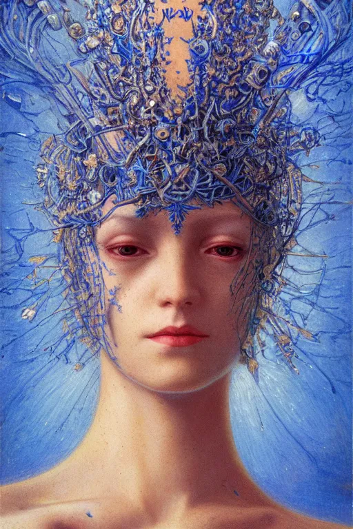 Image similar to portrait of beautiful young mainem, warhammer, russian style, cyber armor with scars, a lot of more scars, more and more flowers, blue head, the middle ages, highly detailed, artstation, illustration, art by jean delville, 8 k quality