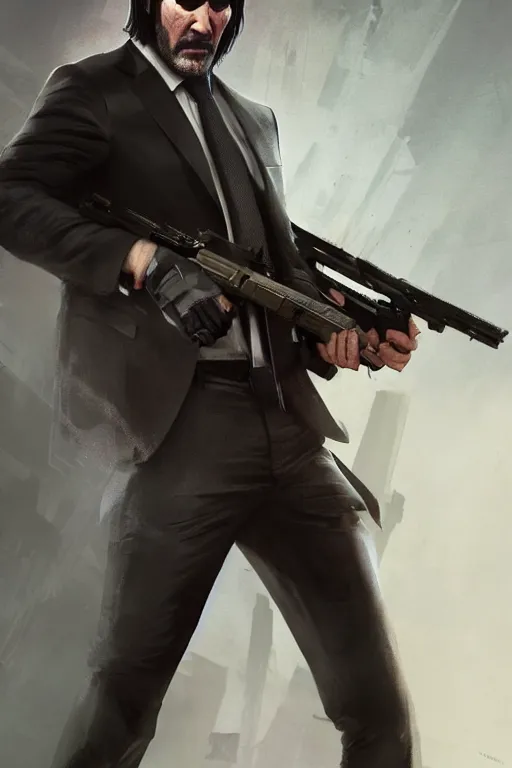 Prompt: John Wick holstering his rifle, full body shot, Artstation, Artstation Trending, Pinterest, Deviant Art, cinematic, concept art, 8k, cgsociety, hyper detailed, ultra realistic, illustration, epic, high resolution, post processing, high quality, unreal engine, digital art, very coherent, octane render, art by Yi Yang artstation + StTheo + Alan Van Ryzin,-W 512