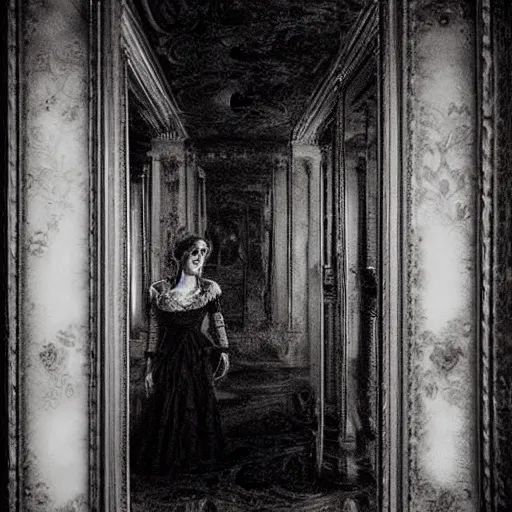 Image similar to a beautiful victorian woman is frightened by her zombie twin in a mirror. she is in a long hallway of mirrors. victorian interior, with many mirrors, twins, elegant design, haunting atmosphere, dark lighting, gothic, horror style, scary, swirling fog, volumetric lighting, by greg rutkowski, realistic, dutch angle, zombies