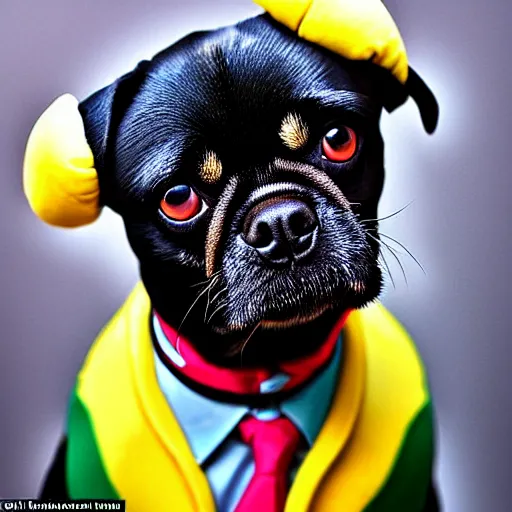 Image similar to portrait of black pugalier dog wearing an elvis costume, trending on instagram, award winning details