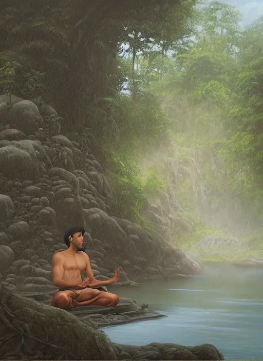 Image similar to a realistic painting of an indigenous man meditating near a river in the amazon jungle, highly detailed, trending on devian art, art by christophe vacher