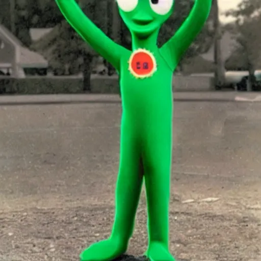 Image similar to photo of gumby as a real human with smooth shiny skin