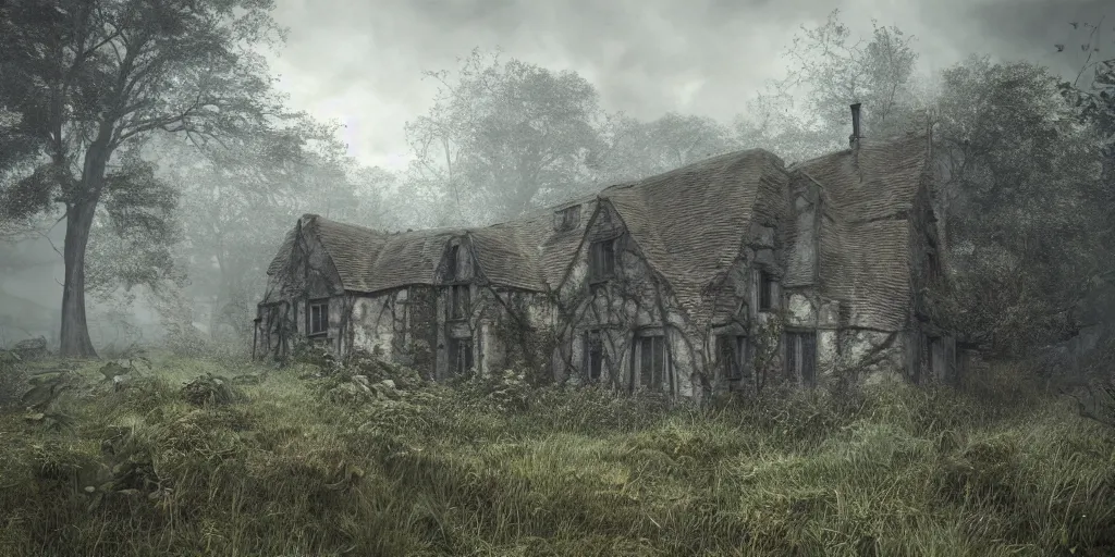 Prompt: photorealistic, ruined english cottage, overgrown vegetation, apocalypse, night, fog, shadowy creatures lurking, hyperrealistic, grimdark, artstation