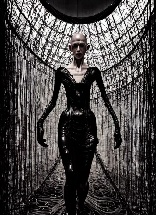 Prompt: walking down the catwalk, steven klein, show, stage, vogue photo, podium, fashion show photo, historical baroque dress dark, iris van herpen, beautiful woman, full body shot, masterpiece, intricate, wires, veins, jellyfishs, biopunk, guyver, highly detailed