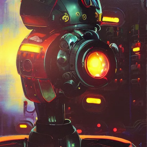 Prompt: a dark and colorful close - up of a sci - fi mecha robot with led lights glowing fog in the background. highly detailed science fiction painting by norman rockwell, frank frazetta, and syd mead. rich colors, high contrast, gloomy atmosphere, dark background. trending on artstation