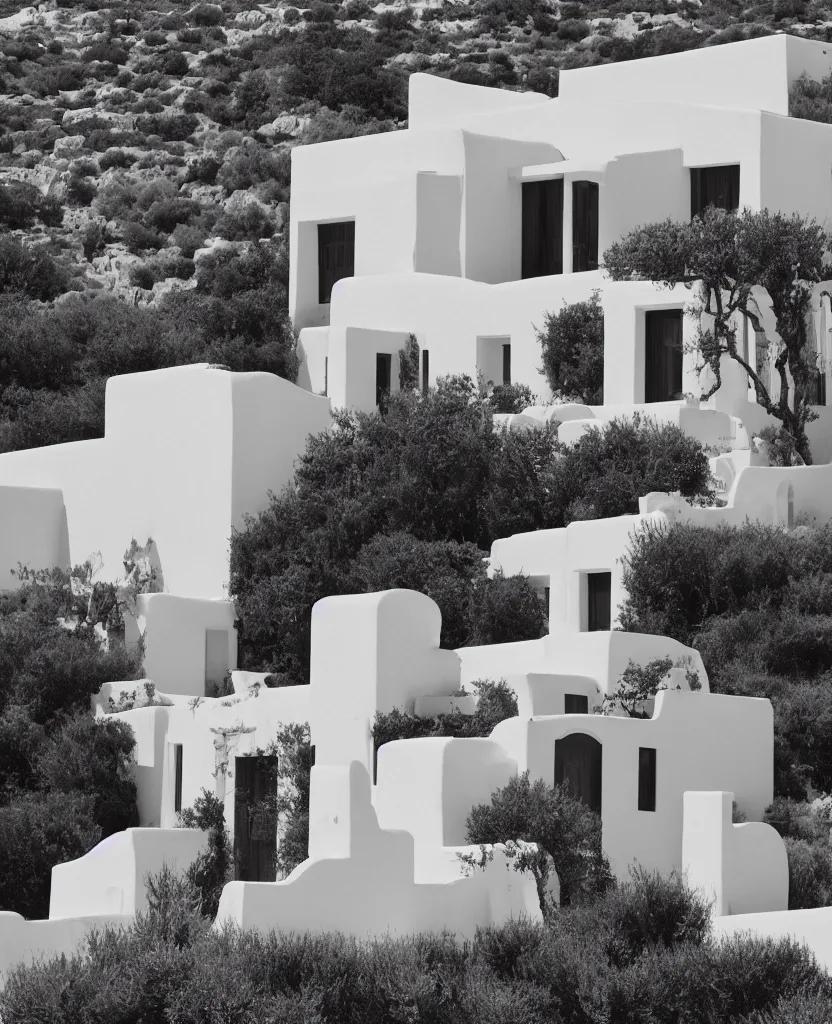 Prompt: 35mm photography of a single white greek isles house in the style of alex grey, minimalism