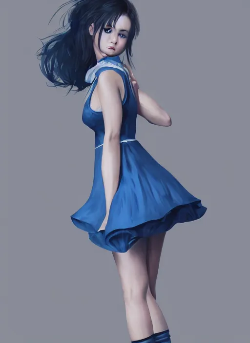 Image similar to a girl wearing a maid dress, blue dress, stripped thigh high, full body shot, highly detailed, digital painting, artstation, concept art, smooth, sharp focus, illustration