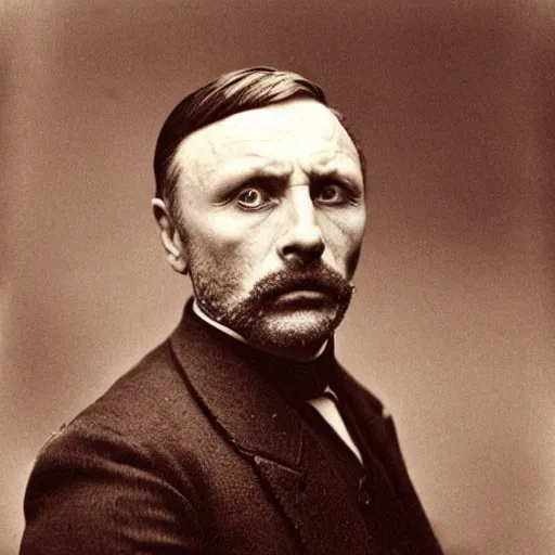 Image similar to headshot edwardian photograph of anthony hopkins, mads mikkelsen, arthur shelby, terrifying, scariest looking man alive, 1 8 9 0 s, london gang member, intimidating, fearsome, realistic face, peaky blinders, 1 9 0 0 s photography, 1 9 1 0 s, grainy, blurry, very faded, victorian, low - quality