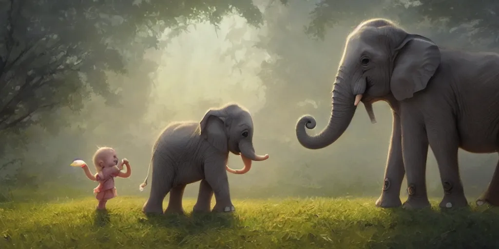 Prompt: a wholesome cute baby elephant, medium shot, waist up, studio ghibli, pixar and disney animation, sharp, anime key art by greg rutkowski, by craig mullins, bloom, dramatic lighting