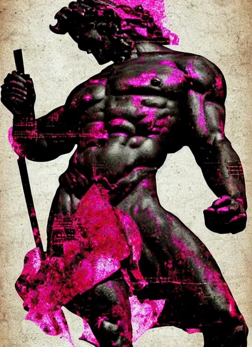 Image similar to dark design poster showing a statue of hercules, black background with very subtle red and purple design elements, powerful, nekro, guido crepax, graphic design, collage art, dark, glitch art, neo vaporwave, gritty, layout frame, square, trending on artstation