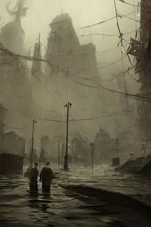 Image similar to sinking city, flood, lovecraftian, chaos, digital art, in the style of greg rutkowski, trending on artstation