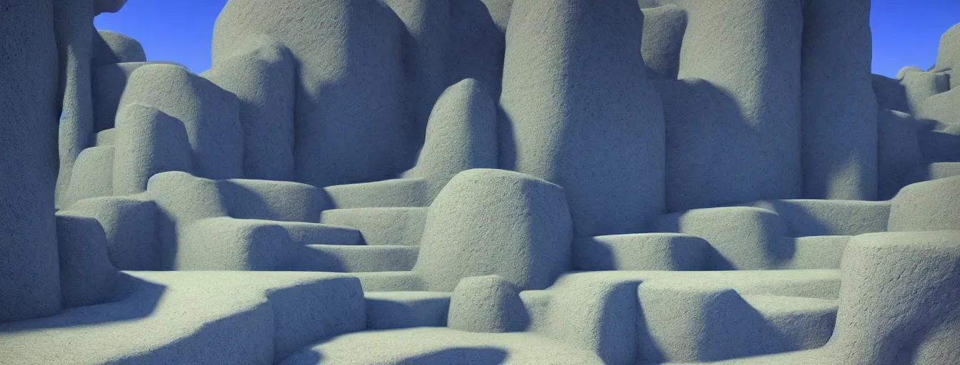 Image similar to a gorgeous blue desert landscape painting by barlowe wayne maxfield parrish and marco mazzoni. grey blue and very little light verdancy. the winding stone steps. ultra clear detailed. 3 d, octane render.