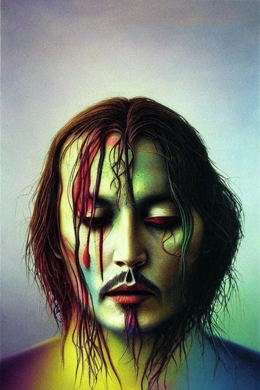 Image similar to portrait of johnny depp colourful shiny beautiful harmony painting by zdzisław beksinski