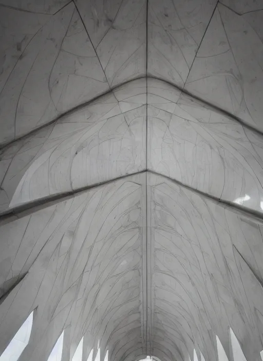 Prompt: white marble interior photograph, architecture carved, shiny, brutalist, angular, expansive, by louis kahn and moshe safdie