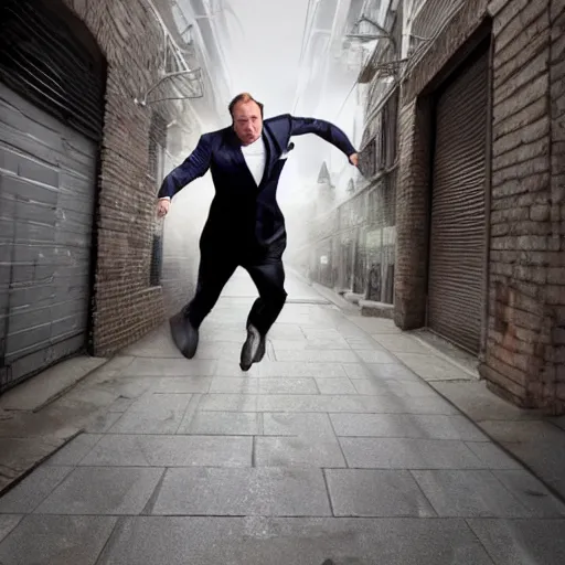 Prompt: alex jones, chasing me down an alley, hyper-realistic,