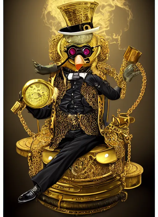 Image similar to athropomorphized rich penguin capitalist sitting on pile of gold, wearing steampunk top hat, steampunk goggles, casting spell, concept art, insanely detailed and intricate, hypermaximalist, elegant, ornate, hyper realistic, super detailed, art deco, cinematic, trending on artstation, magic the gathering artwork