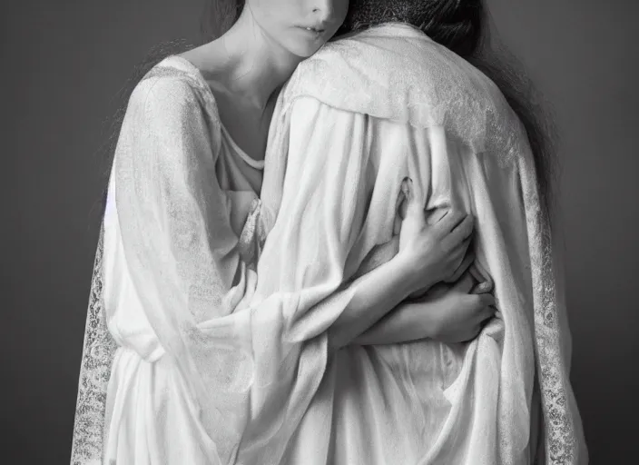 Image similar to jesus hugging a woman, spirit hugs, in style of paolo roversi, britt marling style 3 / 4, a beautiful ethereal lace white robe, 8 k, soft focus, soft light, volumetric lighting, highly detailed realistic, refined, highly detailed, natural outdoor soft pastel lighting colors scheme