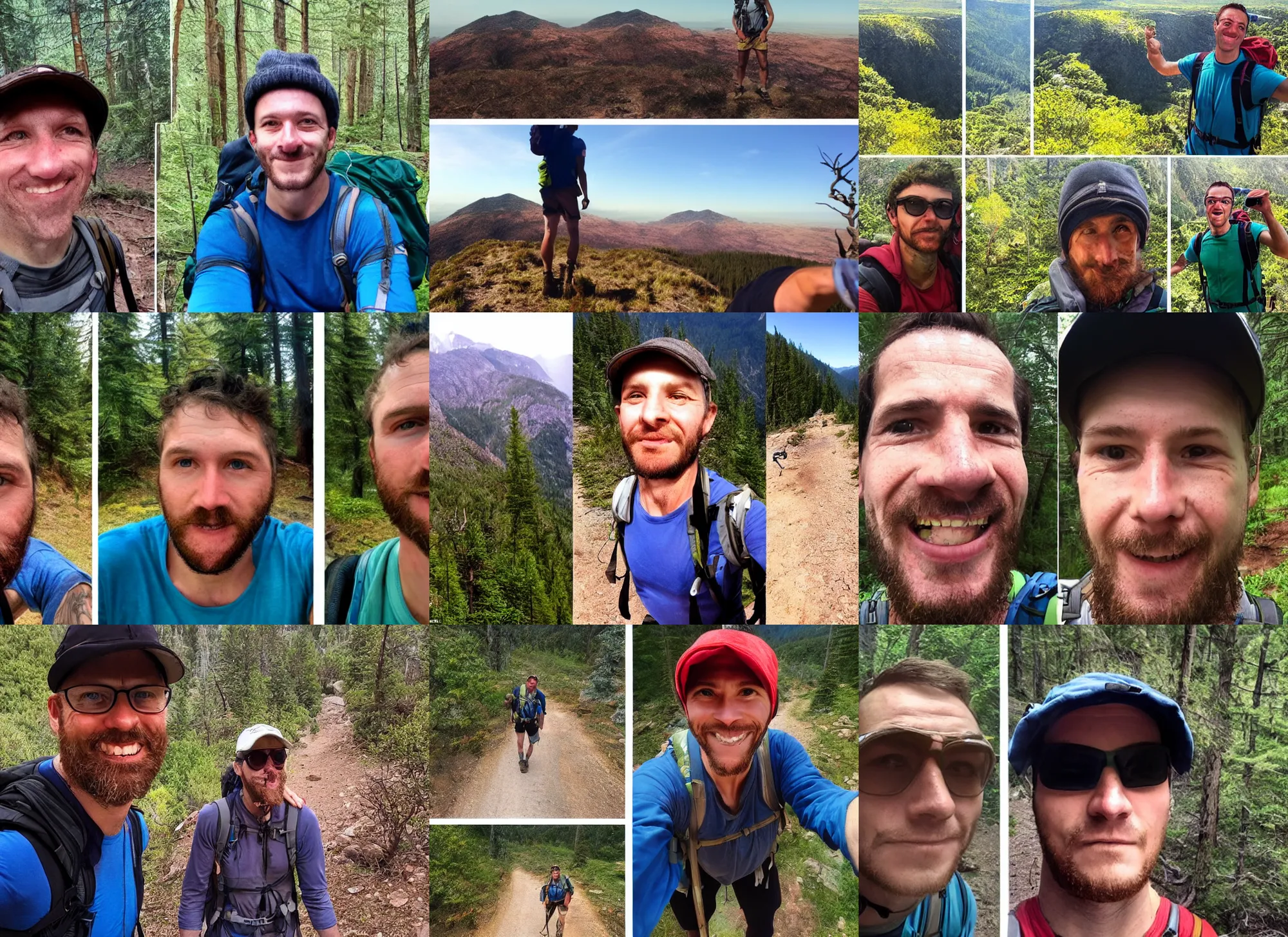 Prompt: selfie of a hiker taken before and after he realized he probably left his stove on, before and after