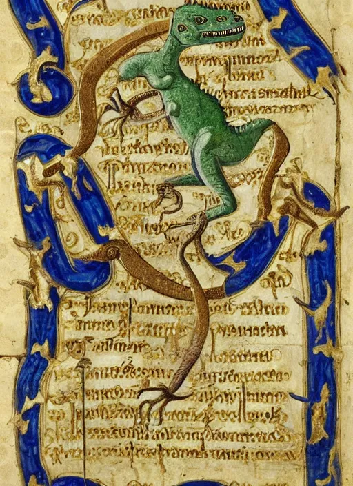 Image similar to a gilded page from an illuminated manuscript, depicting a dinosaur intertwined with the letter S, other dinosaurs along the bottom of the page, hand drawn, Master of Imola c. 1275, highly detailed