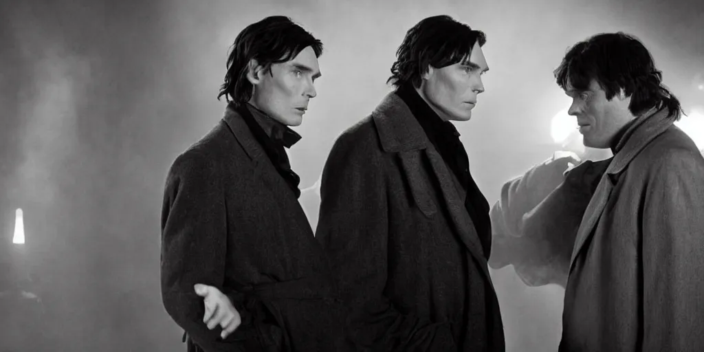 Image similar to two characters : cillian murphy and orson welles. volumetric lighting, cinematic, dark, grim. directed by coen brothers.