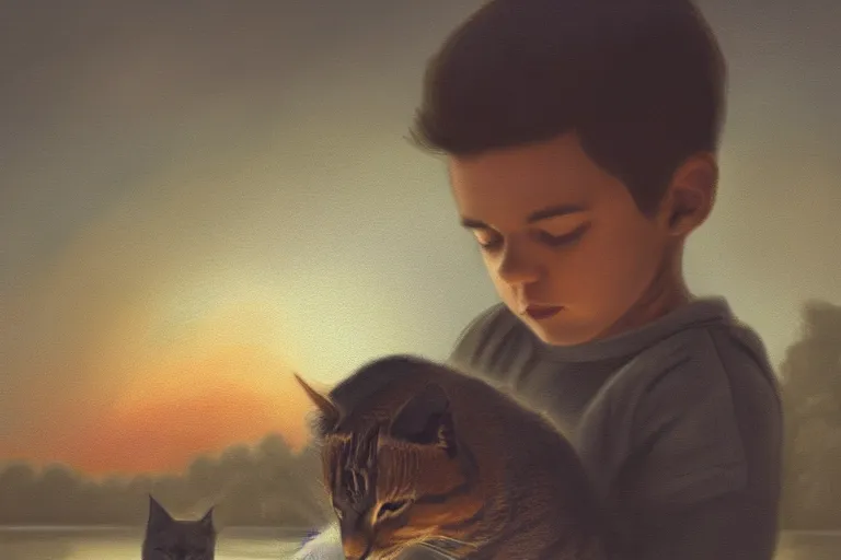 Prompt: portrait of a little boy and his cat, photorealistic face and skin tones, dreamy moonlit nightscape by the garden, lake house, smooth, matte colors, trending on artstation, 4 k, 8 k