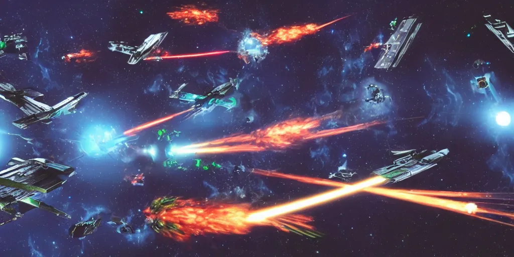 Image similar to an epic spaceship battle in low earth orbit between two waring factions, lasers and explosions.
