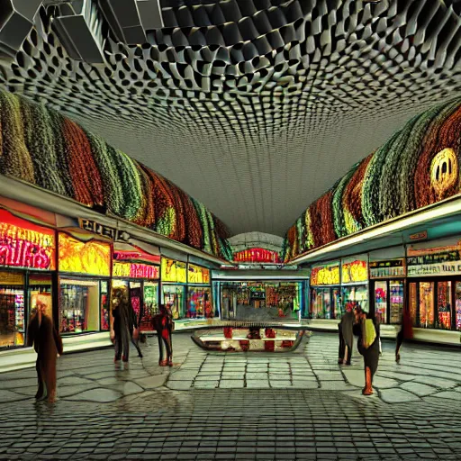 Image similar to hyperrealism photography computer simulation visualisation of parallel universe mall in surreal scene from art house movie from unreal setting by caravaggio rendered in mandelbulb 4 d