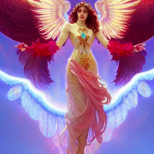 Image similar to a beautiful orchid phoenix angel woman, in an ornamented dress with large wings, volumetric light, god rays, 8 k high resolution, rubies, by greg rutkowski, artgerm, alphonse mucha