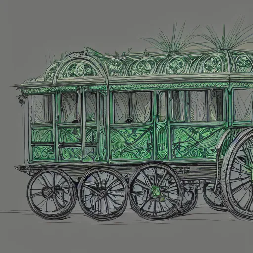 Prompt: annotated highly, detailed and intricate, sketch of a carriage cabin full of green plants, marker concept art style rendering, concept art, half blueprint, trending on artstation, intricate details, center frame, annotations