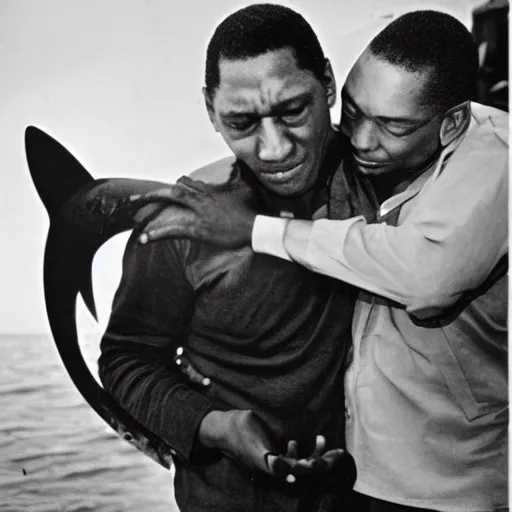 Image similar to john coltrane hugging and kissing a hammerhead shark
