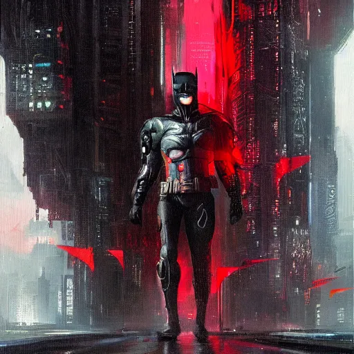 Prompt: cyberpunk batman with red logo, moody, futuristic, city background, brush strokes, oil painting, greg rutkowski