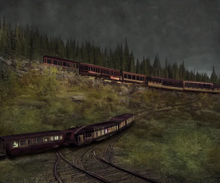 Image similar to magical ghost train, high res, photorealistic, dark atmosphere, gloomy tracks, bright lights, forestry