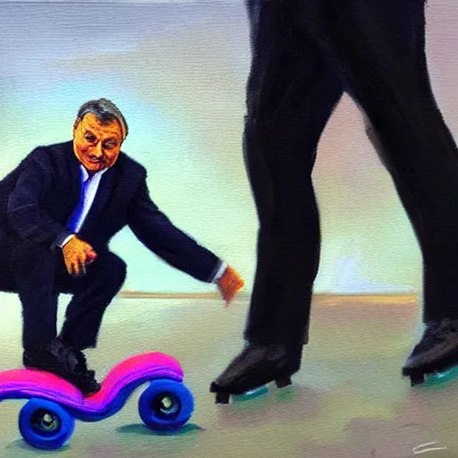 Image similar to viktor orban putting on rollerskates, oil painting