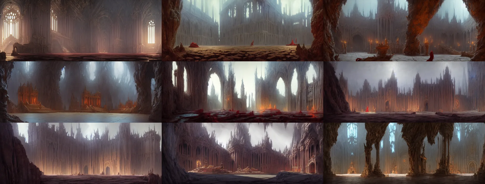 Prompt: concept art of magnificent palace by barlowe wayne, ruan jia and greg rutkowski. a winding road to fantasy cave palace of bad omens!! dante's divine comedy, a beam of light fell on the stone throne!! 3 d, ultra clear detailed. octane render. 8 k. dark red, light grey blue and golden