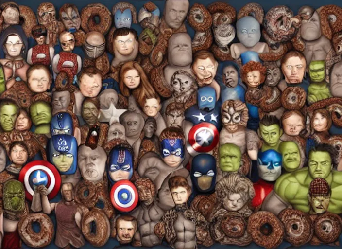 Image similar to the avengers made of donuts, lowbrow, matte painting, 3 - d highly detailed, in the style of mark ryden,